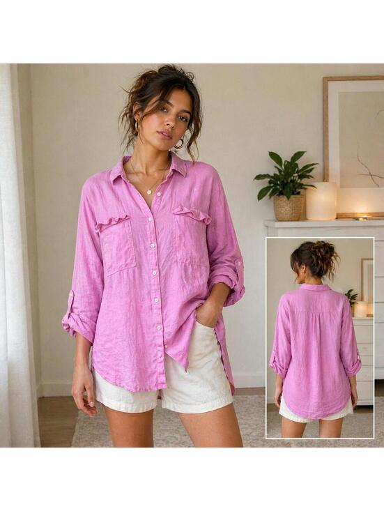 Love Tree Tops - Love Tree Pink Linen Tunic Blouse Medium Button Up Lightweight Boho Coastal Top